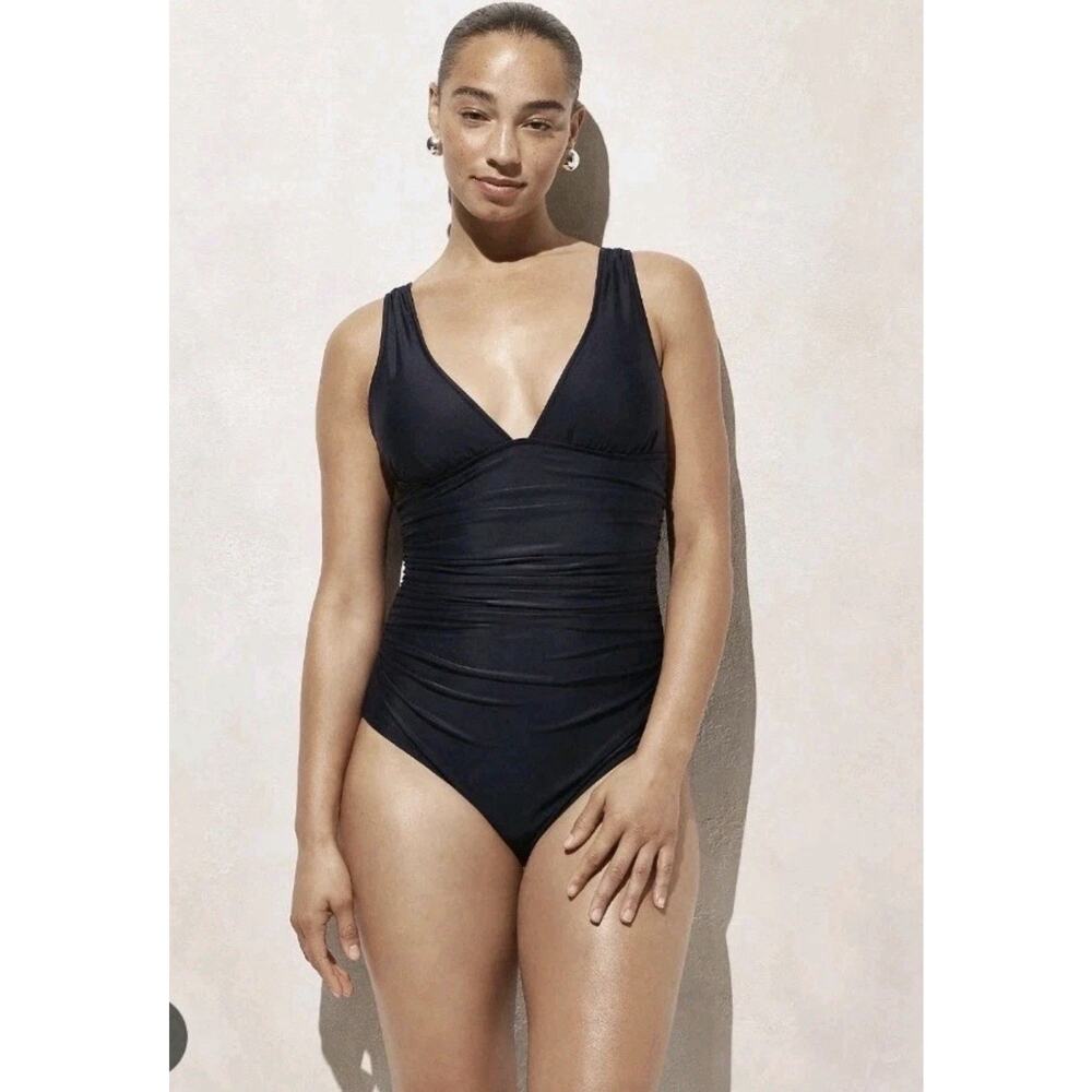 J. Crew Ruched V Neck One Piece Swimsuit Lined Stretch Navy Blue Sz 6